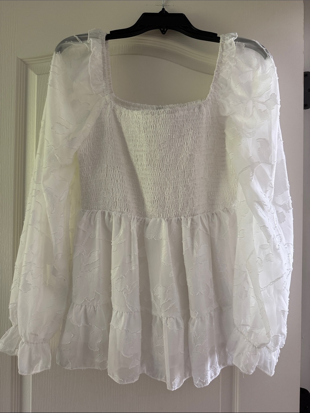 SHEIN White Smocked Peplum Blouse with Sheer Floral Balloon Sleeves